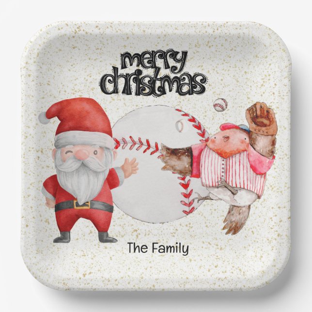 Baseball Christmas with ball and Santa Claus Paper Plate (Front)