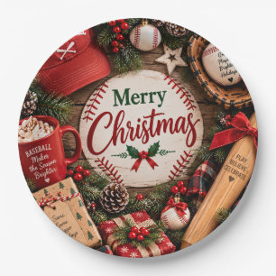 Baseball Christmas with gifts and ball Holiday Paper Plate