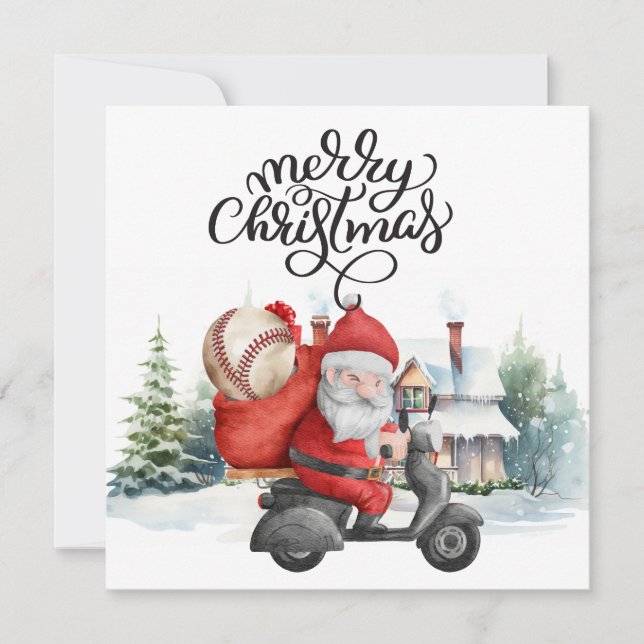Baseball Christmas with Santa Claus and Snowman Holiday Card (Front)
