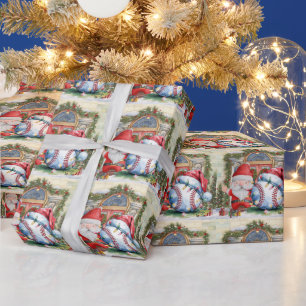 Baseball Christmas with Santa Claus and Snowman Wrapping Paper