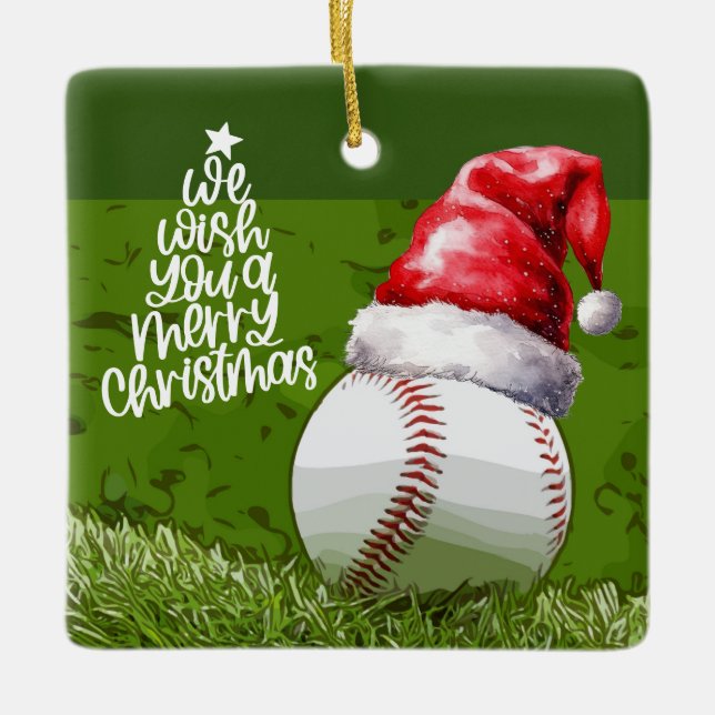Baseball Christmas with Santa Hat for Player Ceramic Ornament (Front)
