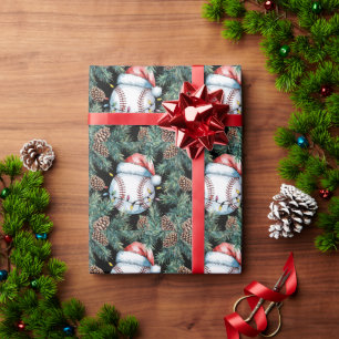 Baseball Christmas with Santa hat  Wrapping Paper