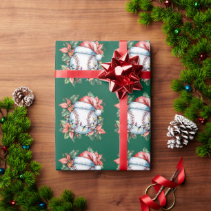 Baseball Christmas with Santa hat  Wrapping Paper