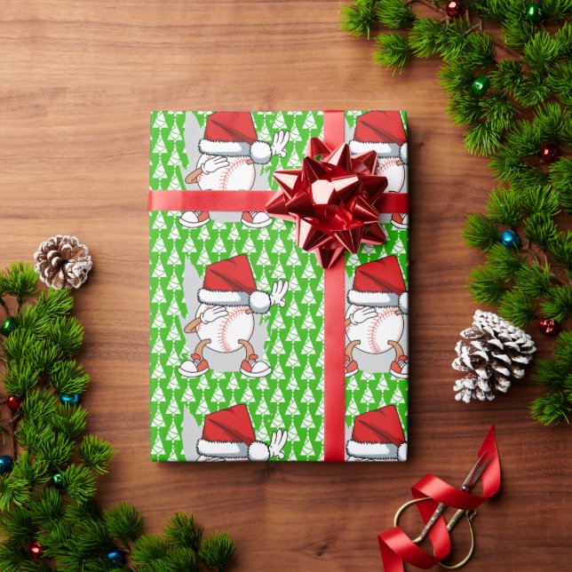 Baseball Christmas with Santa hat Wrapping Paper (Holiday Gift)