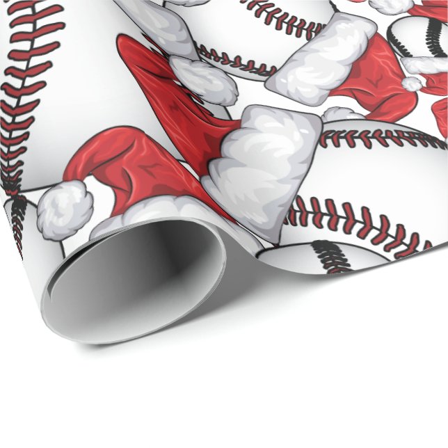 Baseball Christmas with Santa Hats Wrapping Paper (Roll Corner)