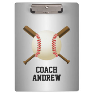 Baseball Coach Crossed Bats & Ball Metallic Clipboard