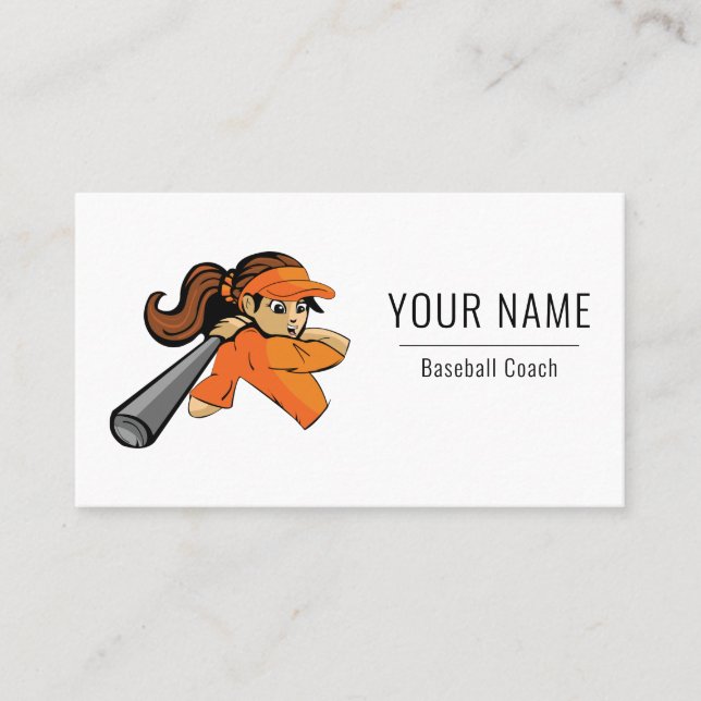 Baseball Coach Girl Women Cute Picture Orange Fun Business Card (Front)