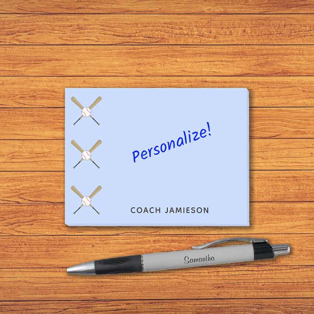 Baseball coach personalised crossed bats blue post-it notes (Creator Uploaded)