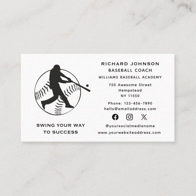 Baseball Coach Softball Instructor Social Media Business Card (Front)