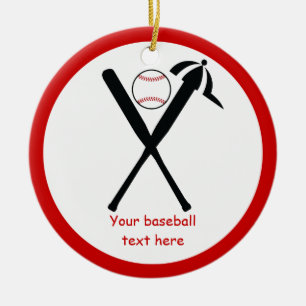 Baseball crossed bats and cap black, red custom ceramic tree decoration