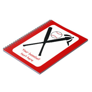 Baseball crossed bats and cap black, red custom spiral notebook