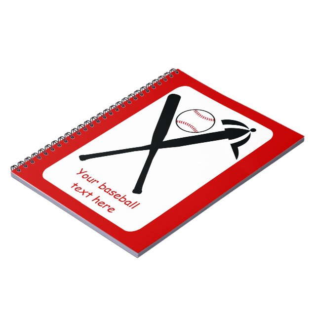 Baseball crossed bats and cap black, red custom spiral notebook (Left Side)