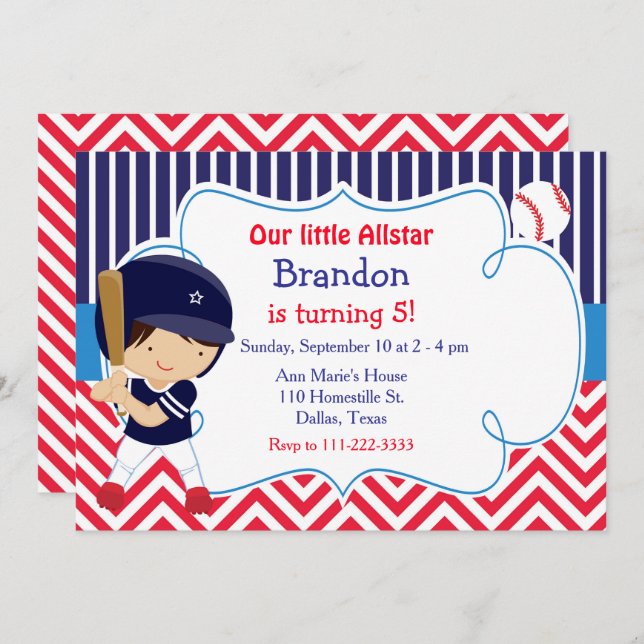 Baseball Cute Brunette Boy Birthday Party Invitation (Front/Back)