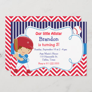 Baseball Cute Brunette Boy Birthday Party Invitation