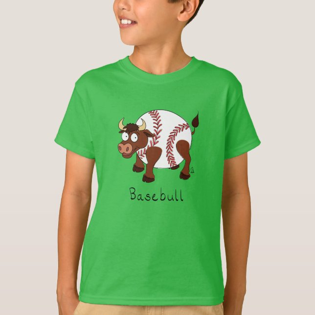 Baseball Cute Kids Cartoon Bull T-Shirt (Front)