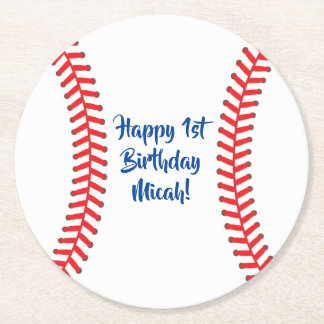 Baseball Cute Sports 1st Birthday Party Round Paper Coaster