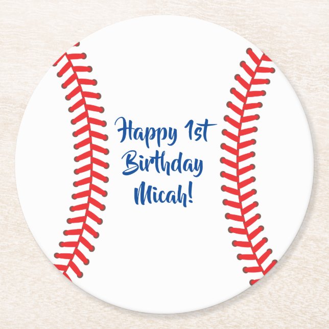 Baseball Cute Sports 1st Birthday Party Round Paper Coaster (Front)