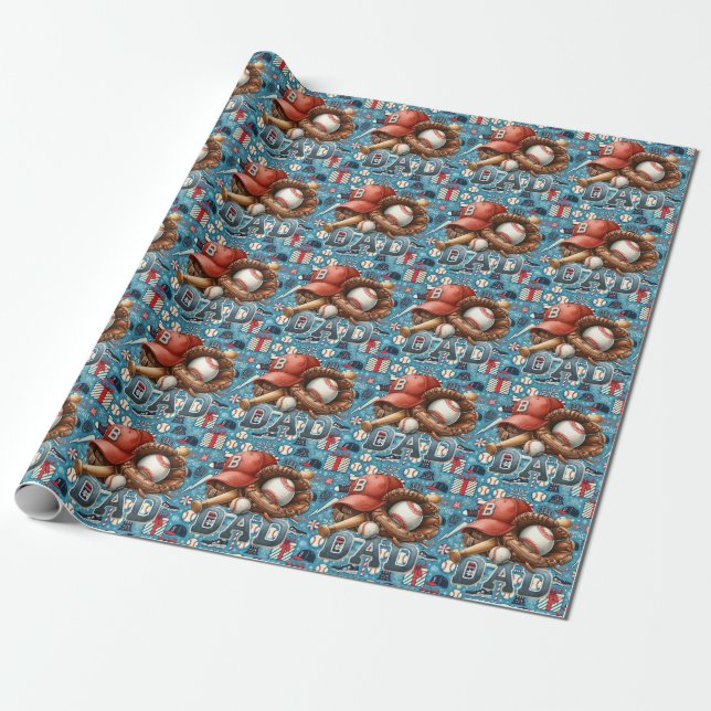 Baseball  DAD Christmas  blue background Wrapping Paper (Unrolled)