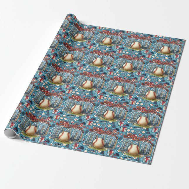 Baseball  DAD Christmas  blue background Wrapping Paper (Unrolled)
