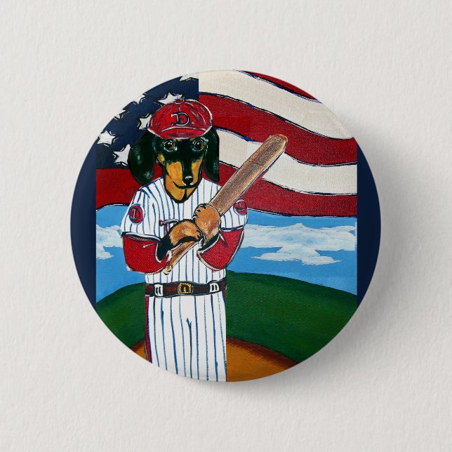 Baseball doxie 6 cm round badge (Front)