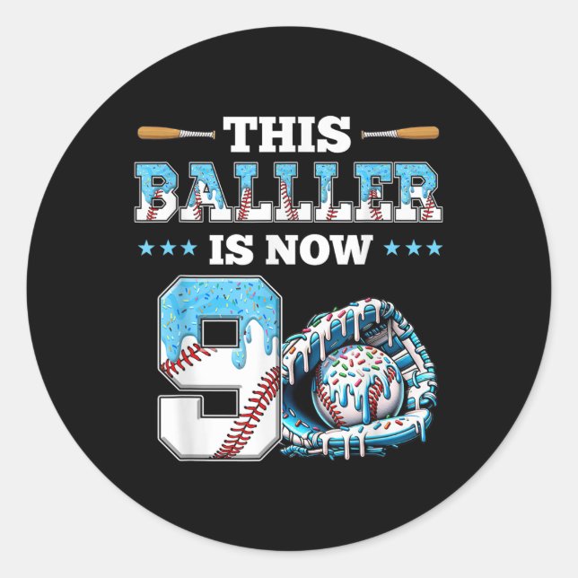 Baseball Drip 9th Birthday Party Boy Sport Fan 9 Y Classic Round Sticker (Front)