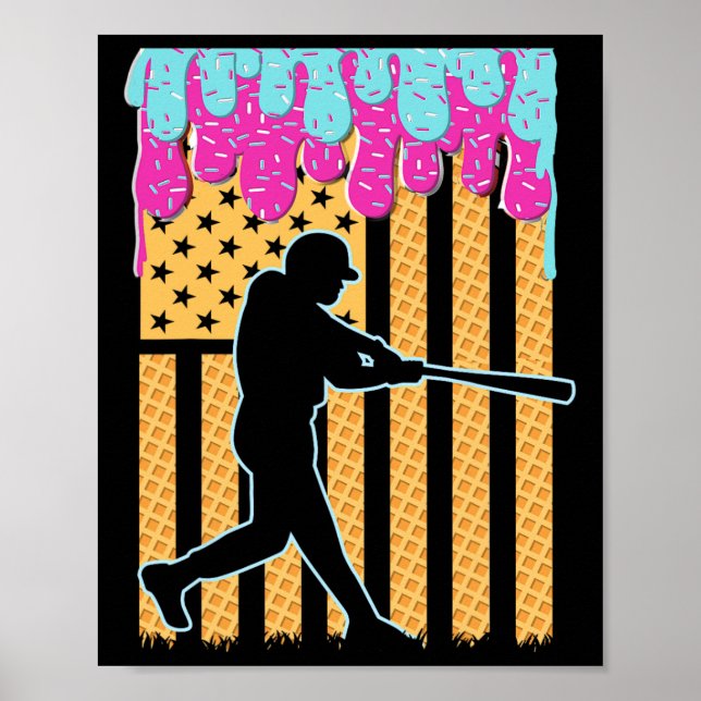 Baseball Drip Bat Boys Ice Cream American Flag 4th Poster (Front)