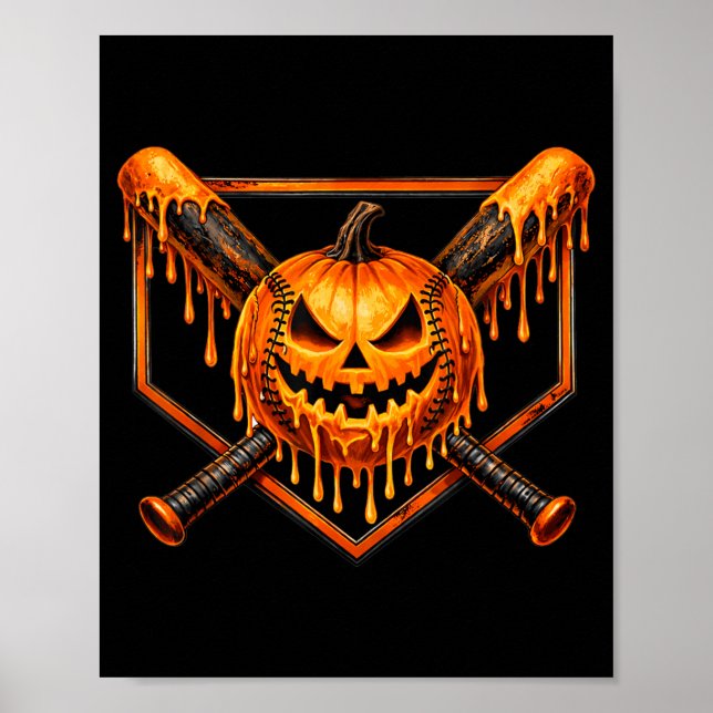 Baseball Drip Pumpkin Spooky Ghost Halloween Boys Poster (Front)