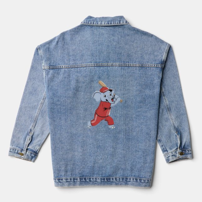 Baseball Elephant Cartoon Denim Jacket (Back)