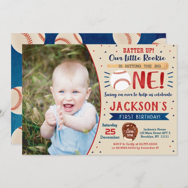 Baseball First Birthday Party Invitations (Front/Back)