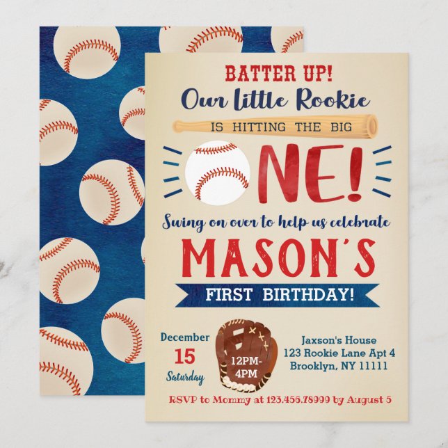 Baseball First Birthday Party Invitations (Front/Back)