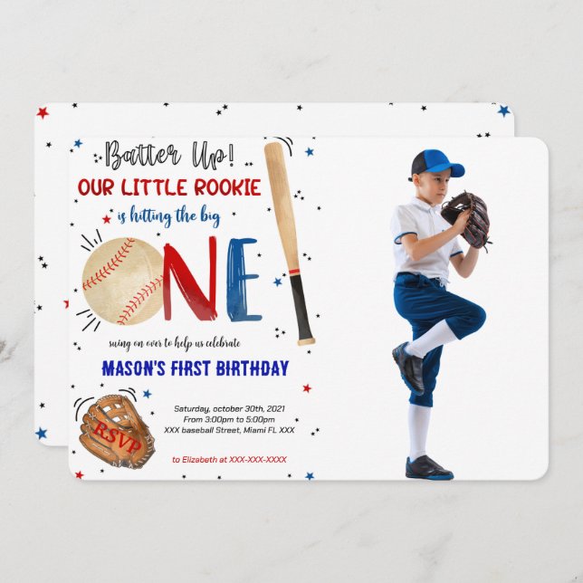 Baseball First Birthday Photo Invitation (Front/Back)
