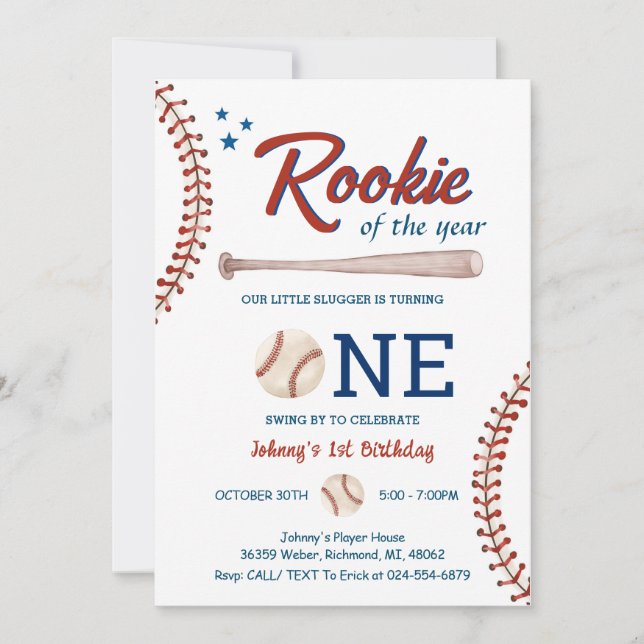 Baseball First Birthday Rookie of The year photo Invitation (Front)