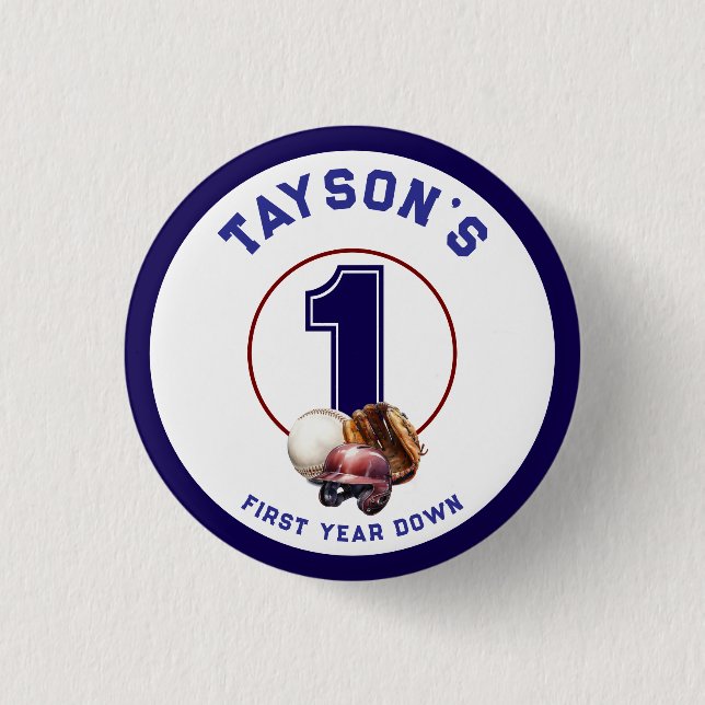 Baseball First Year Down 1st Birthday 3 Cm Round Badge (Front)