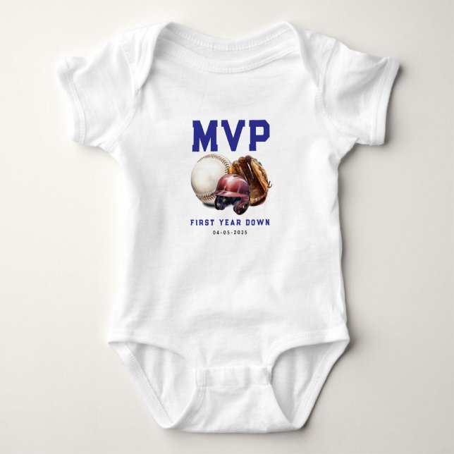Baseball First Year Down 1st Birthday Baby Bodysuit (Front)