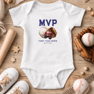 Baseball First Year Down 1st Birthday Baby Bodysuit