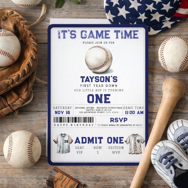 Baseball First Year Down 1st Birthday  Invitation (Baseball First Year Down 1st Birthday Ticket Invitation
)