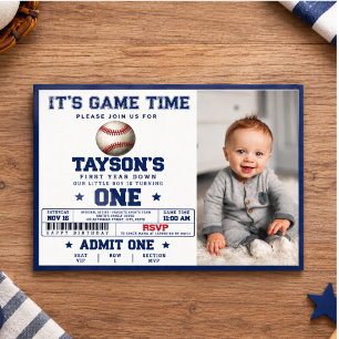 Baseball First Year Down 1st Birthday photo Invitation