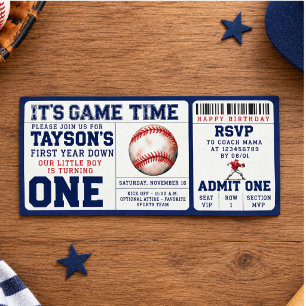 Baseball "First Year Down" 1st Birthday Ticket Invitation