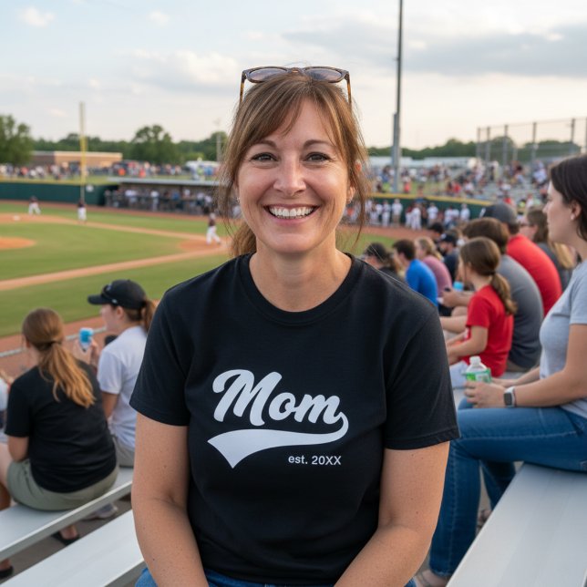 Baseball Font Style New Mum with Established Year  T-Shirt (Baseball Cursive Font With Swash Under Personalied Mom Established Year Black Baseball Mom T-shirt)