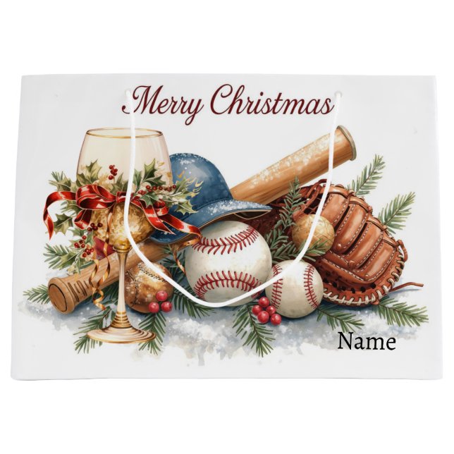 Baseball for Christmas with name for Player Large Gift Bag (Front)
