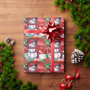 Baseball for Christmas with Santa Hat Wrapping Paper