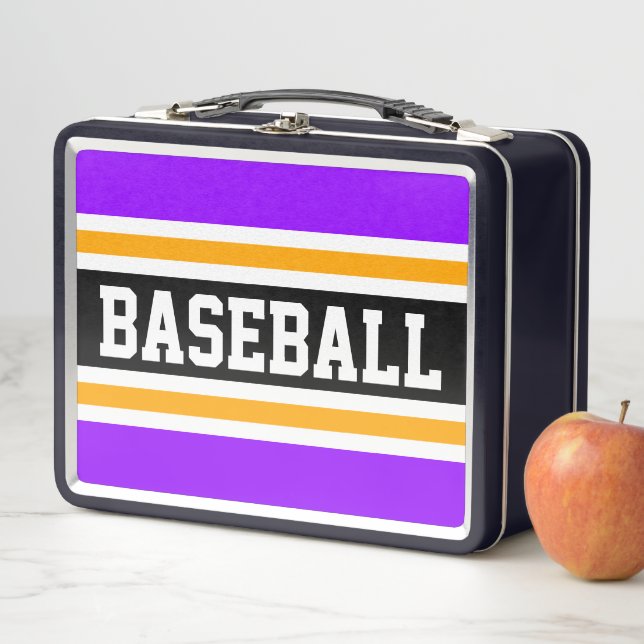 BASEBALL Fun Bright Purple Orange Black Stripes Metal Lunch Box (In Situ)