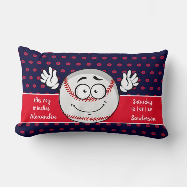 Baseball funny face birth stats  Red White Blue Lumbar Cushion (Front)