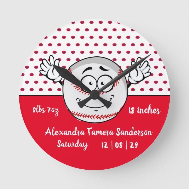 Baseball funny face birth stats Red White Round Clock (Front)