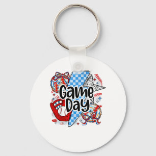 Baseball Game Day Retro Tis The Season Chequered Key Ring