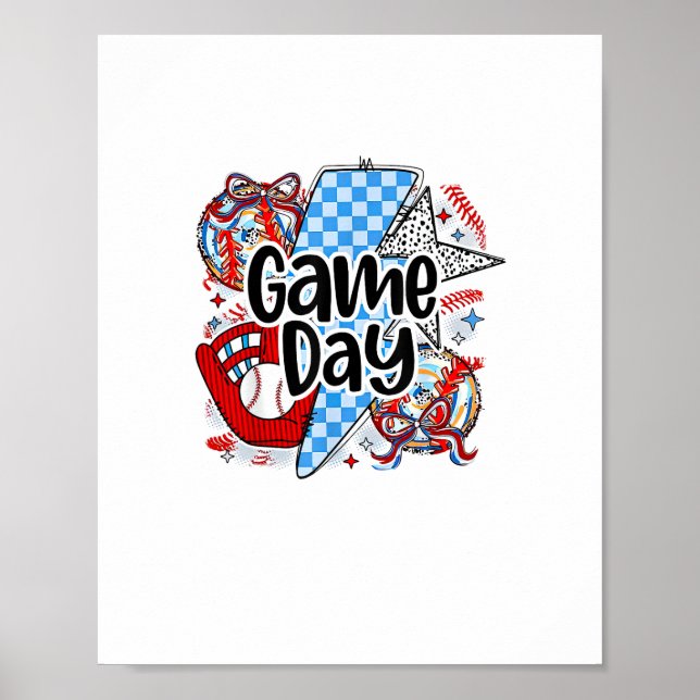 Baseball Game Day Retro Tis The Season Chequered Poster (Front)