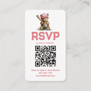 Baseball Girl Teddy Bear Baby Shower QR RSVP  Enclosure Card