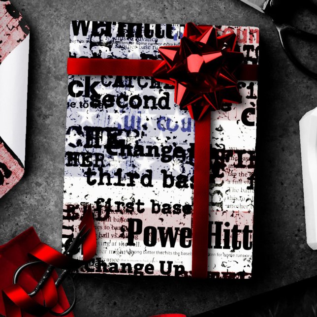 Baseball Glory | Faded Grunge American Flag Words Wrapping Paper (Creator Uploaded)