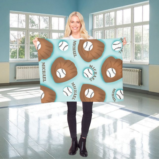 Baseball Glove Ball & Boy Name Pattern Sport Theme Fleece Blanket (Creator Uploaded)