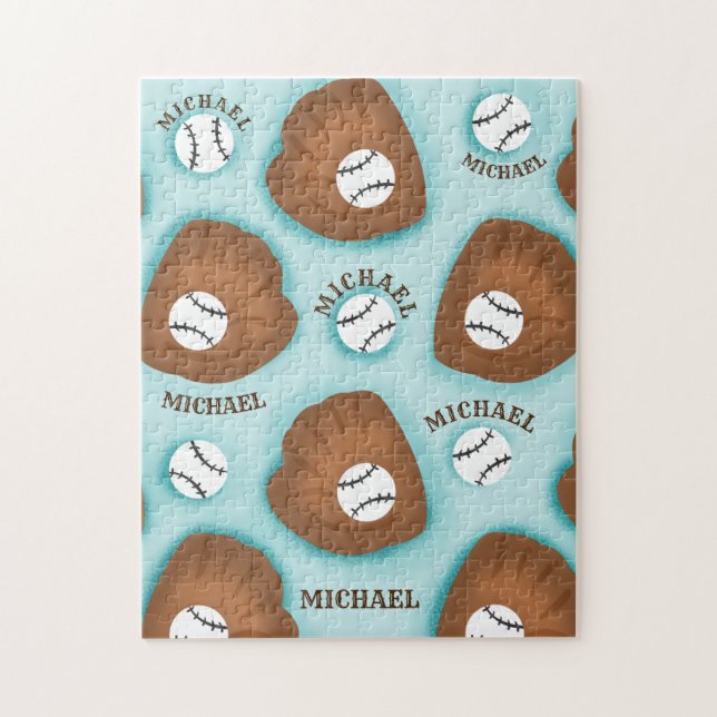 Baseball Glove Ball & Boy Name Pattern Sport Theme Jigsaw Puzzle (Vertical)